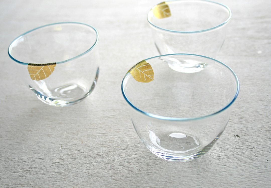 金色叶子手工吹玻璃杯 - 茶具/茶杯 - 玻璃 蓝色