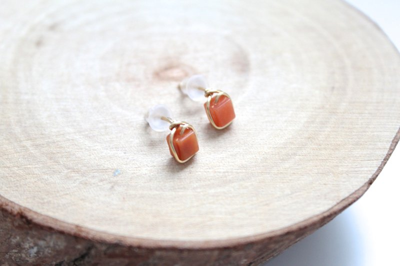 Aventurine耳夹/耳针 | 古典方糖橘东菱石耳环 - 耳环/耳夹 - 宝石 橘色
