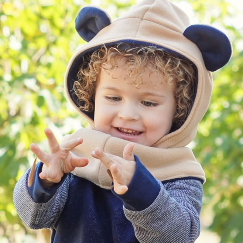 【意大利Mondo Rotondo】脖围+连帽设计《小熊暖暖帽围》蓝色2-3岁 - 围嘴/口水巾 - 其他材质 卡其色