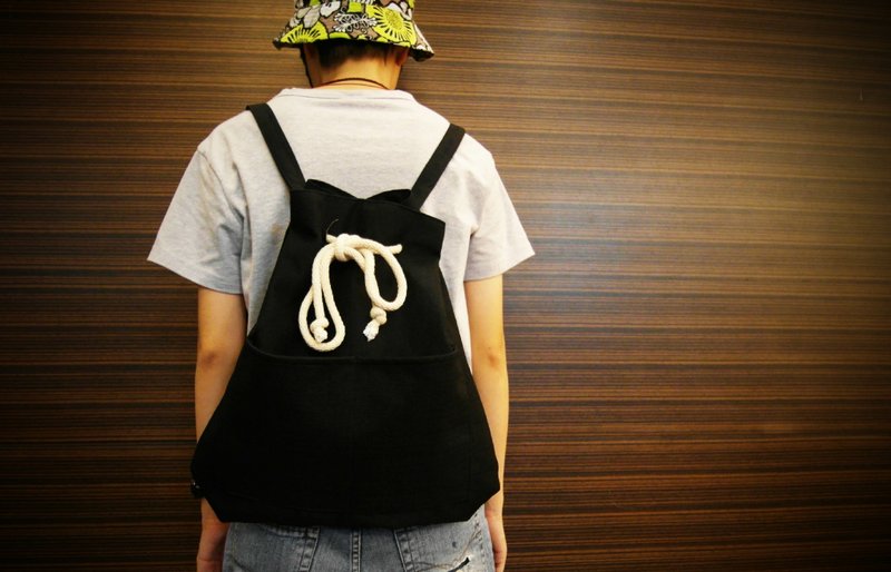 麻料后背包/束口包(黑色) - 后背包/双肩包 - 其他材质 黑色