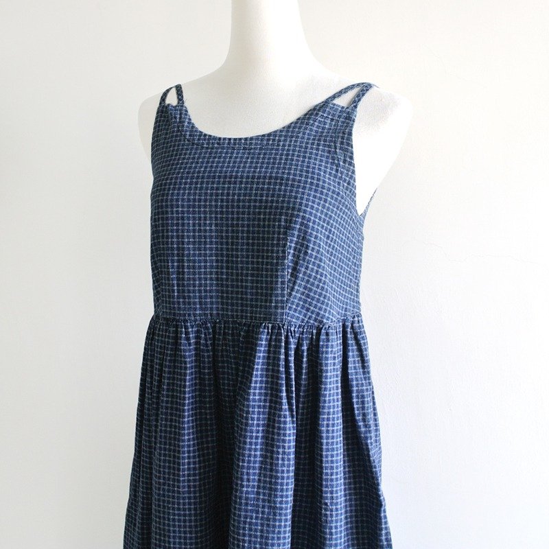 │Slowly│思念.小格纹.棉质古着洋装│vintage.洋装.森林复古.文艺.日本女孩.古典.甜美.格纹 - 洋装/连衣裙 - 其他材质 蓝色