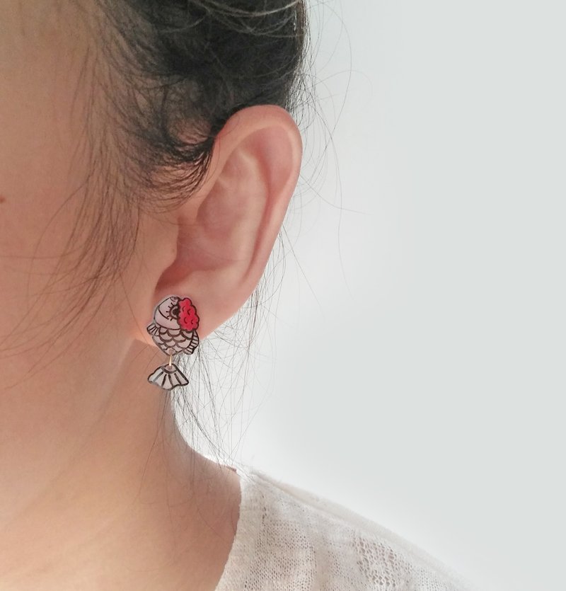 鱼好友系列耳环/耳夹- 小红冠金鱼- 防过敏耳环- 手绘-E017 - 耳环/耳夹 - 压克力 红色