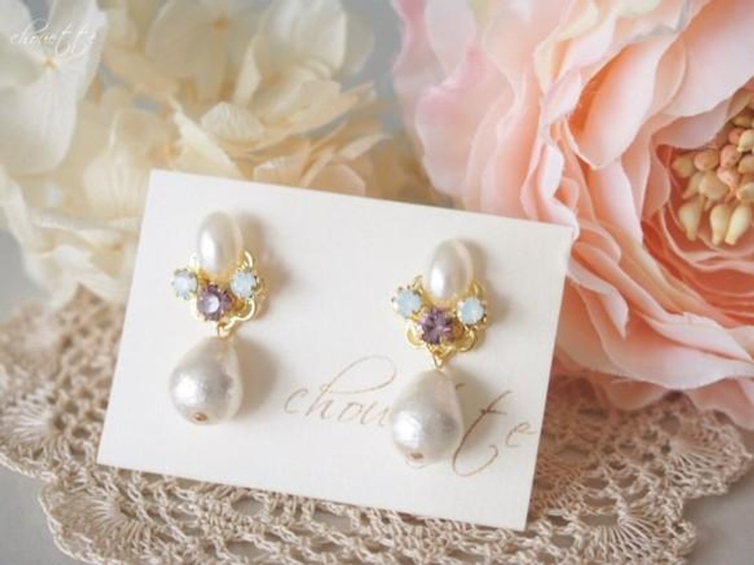 Cotton Pearl Bijou Earrings (Light Amethyst) - 耳环/耳夹 - 其他金属 