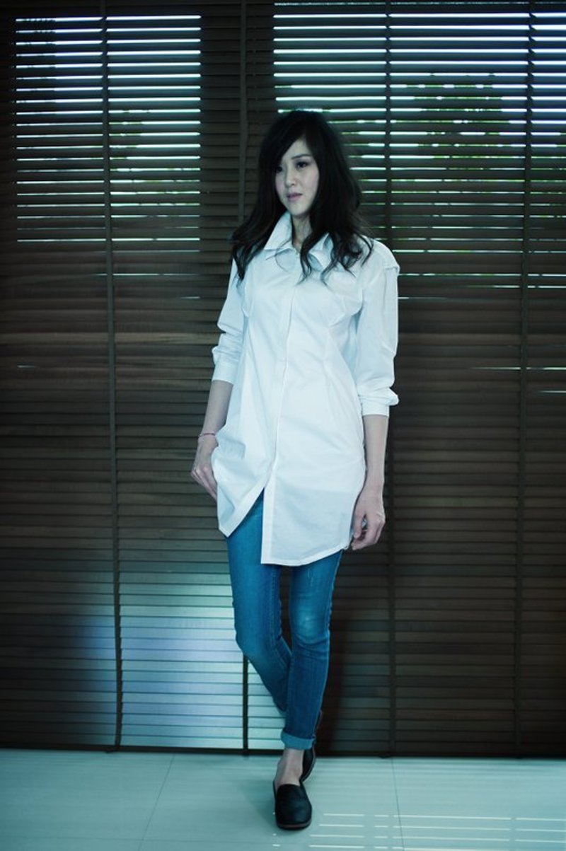 Sienna 双领落肩衬衫式洋装 - 女装衬衫 - 棉．麻 白色