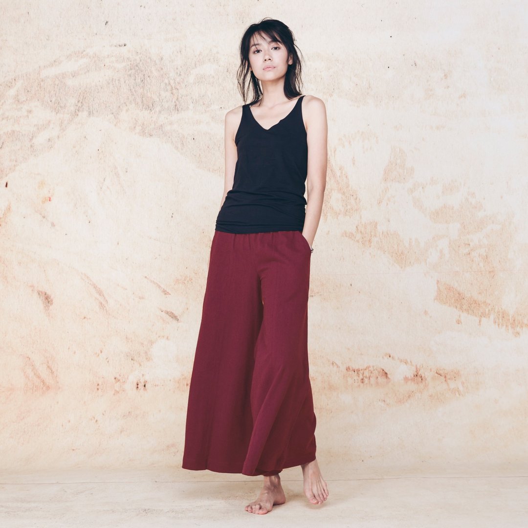 手工棉麻宽裤 - 红 - 女装长裤 - 棉 红色