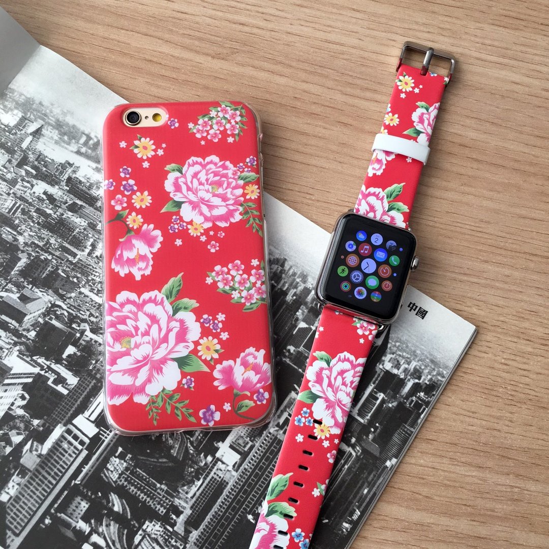 [礼物套装] Apple Watch Series 1 , Series 2 and Series 3 - 红色中国花图案  手机壳 + Apple Watch 真皮手表带 - 其他 - 其他材质 