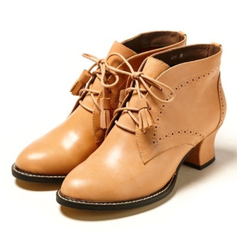 《早春限定特惠》e'cho．优雅名伶复古流苏中跟裸靴║Ec17法式裸 - 女款休闲鞋 - 真皮 红色