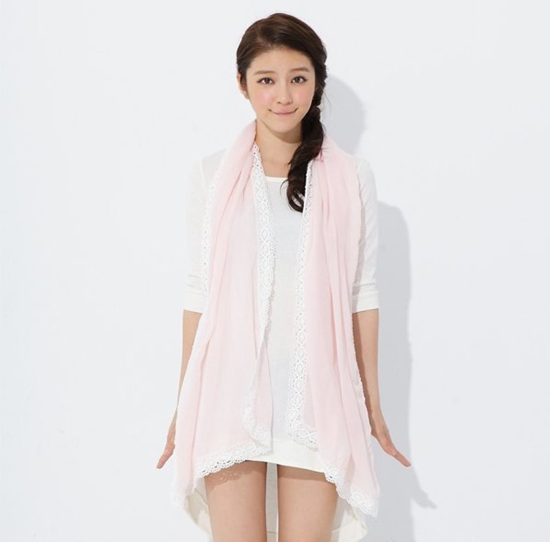 自然棉麻混纺蕾丝滚边 围/披巾 粉红色 - 其他 - 其他材质 粉红色