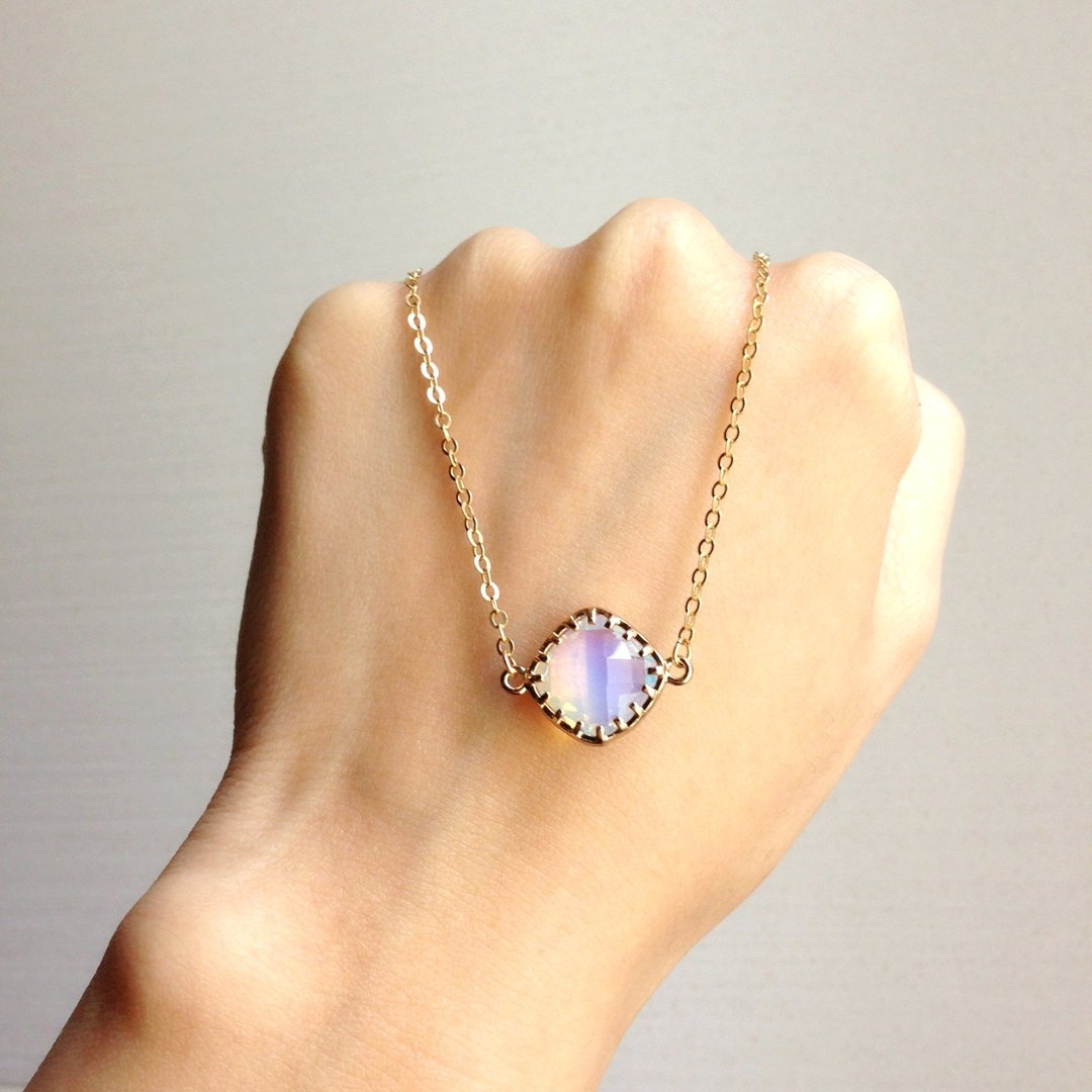 《KeepitPetite》精致高贵・镀金包边菱形玻璃仿宝石项链・透白幻彩色 - 项链 - 宝石 