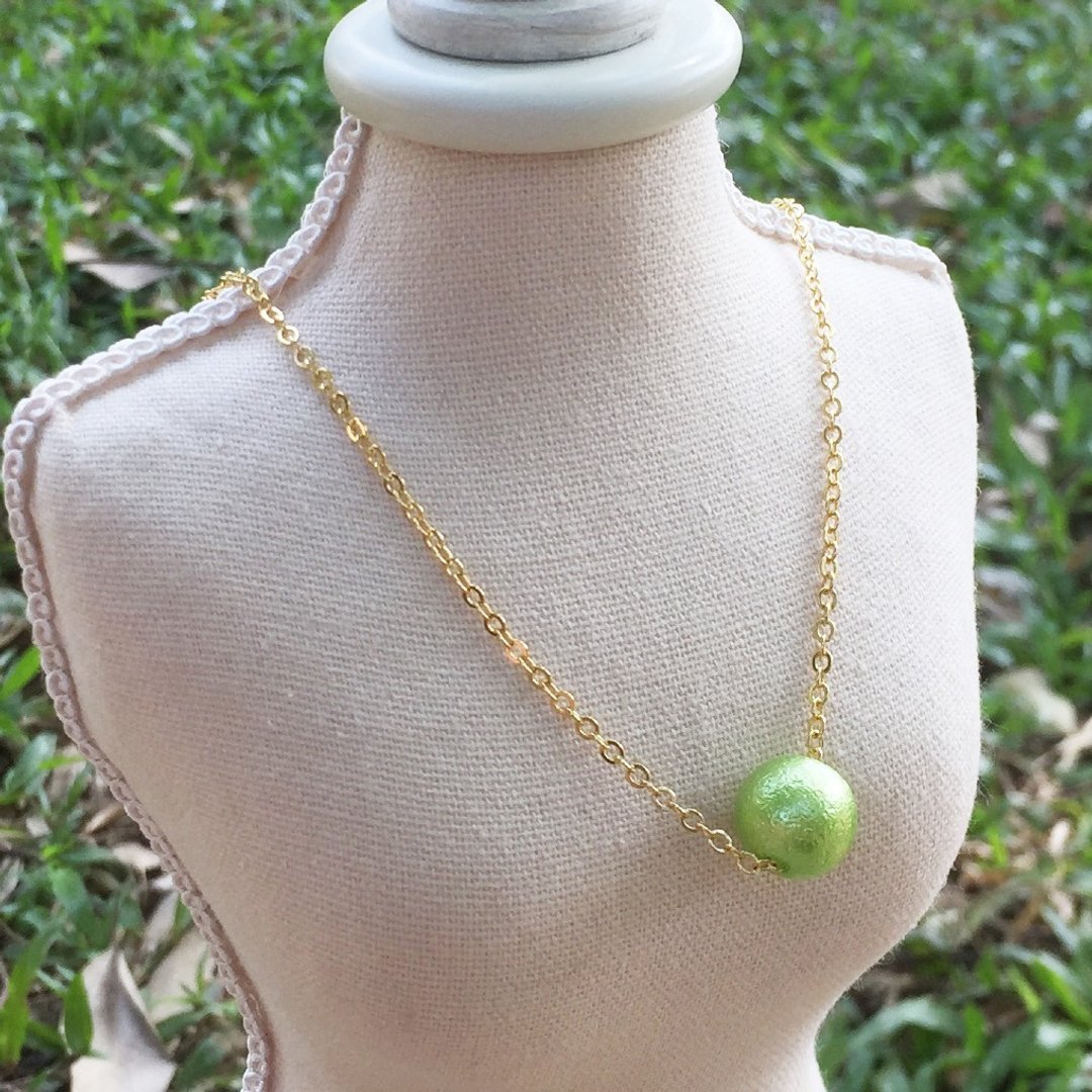 《LaPerle》仿棉花珍绿色项链 颈链 16k镀金黄铜 圣诞礼物 Handmade - 颈链 - 其他材质 绿色