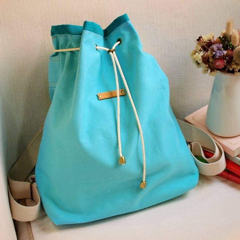 简约束口帆布后背包-青蓝色 - 侧背包/斜挎包 - 其他材质 蓝色