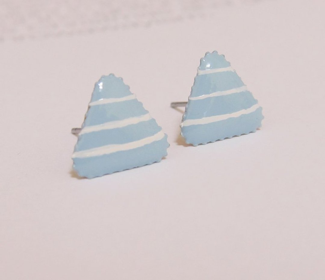 天蓝条纹耳环 - 耳环/耳夹 - 其他金属 
