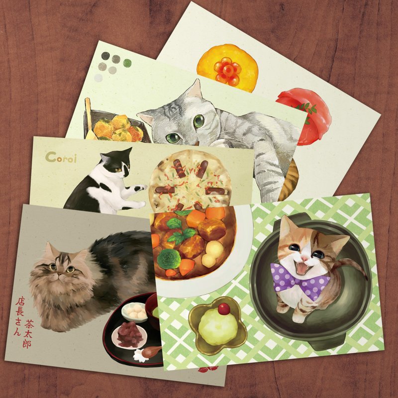 明信片组 / 猫与食系列 - 卡片/明信片 - 纸 卡其色