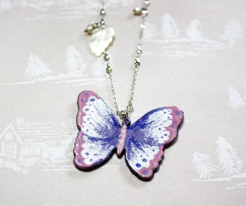 粉紫蝴蝶珐琅长链 - 项链 - 珐琅 紫色