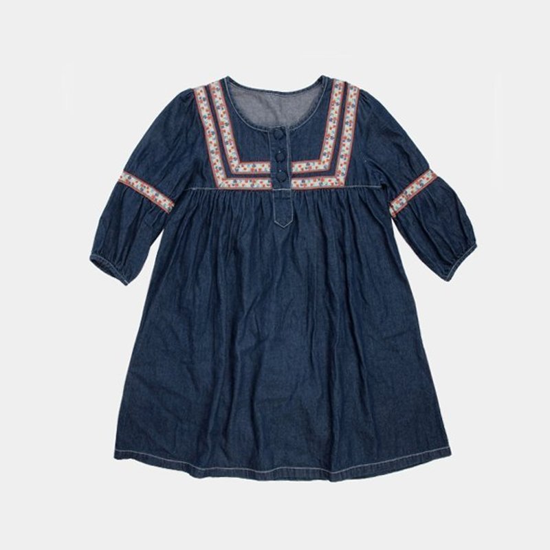 │moderato│森林系复古碎花织纹七分袖牛仔古着洋装/女朋友.独特.文艺 - 洋装/连衣裙 - 其他材质 蓝色