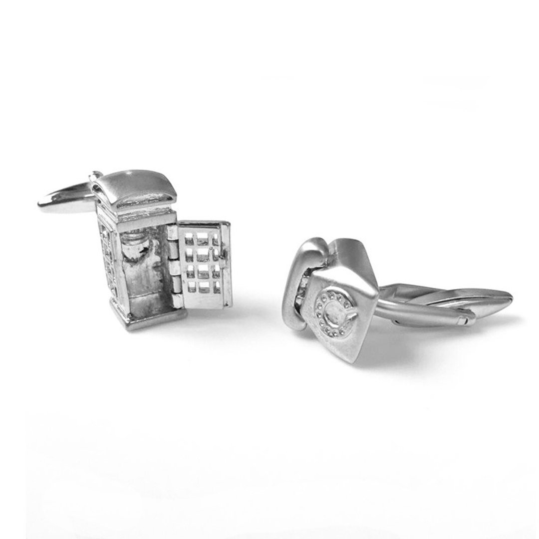 复古电话 和 公共电话亭 袖扣  Public Telephone Booth Cufflink - 袖扣 - 其他金属 