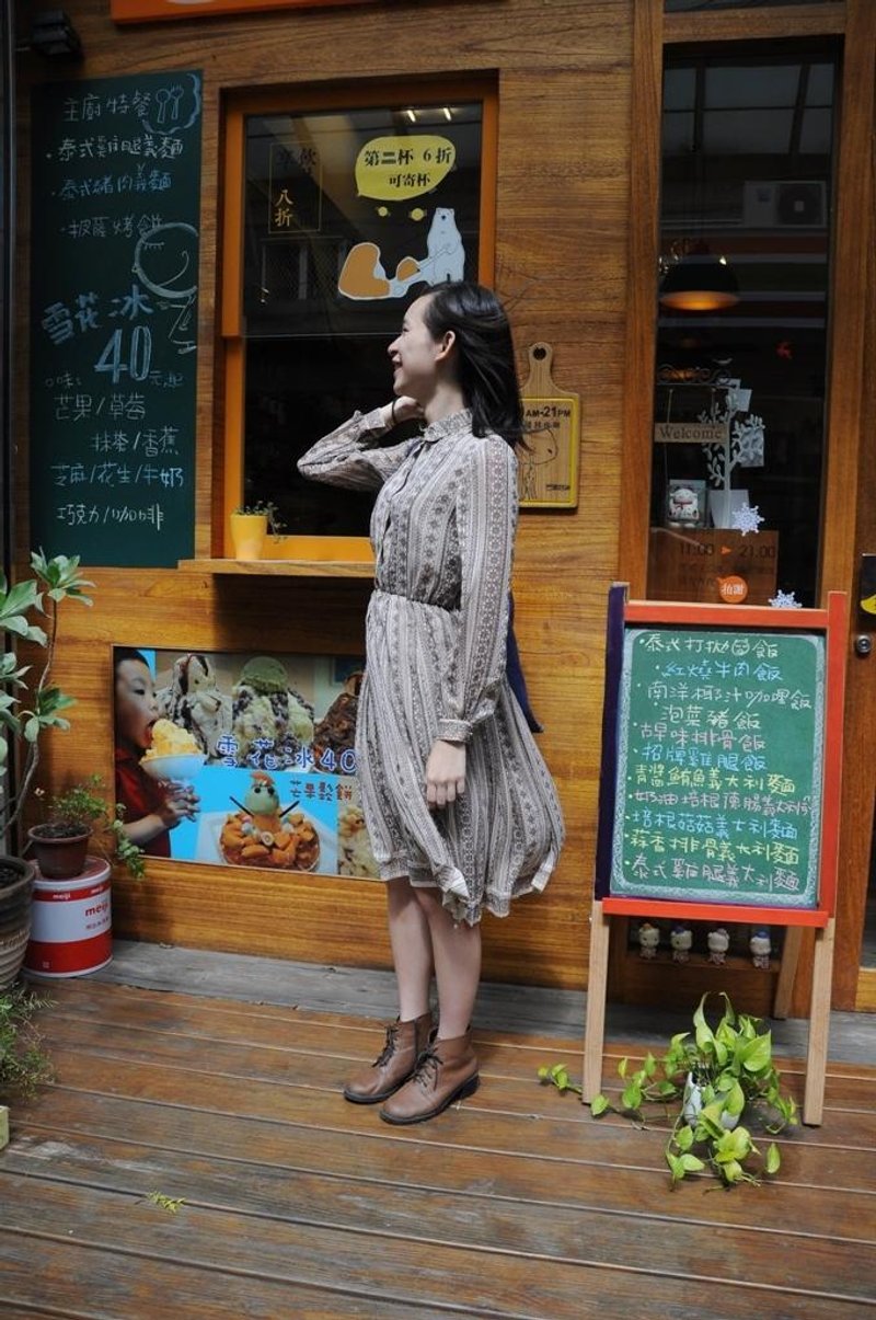 {地花ilakoa}【古着】日本 Miss Onward啡色长袖洋装 - 洋装/连衣裙 - 其他材质 咖啡色