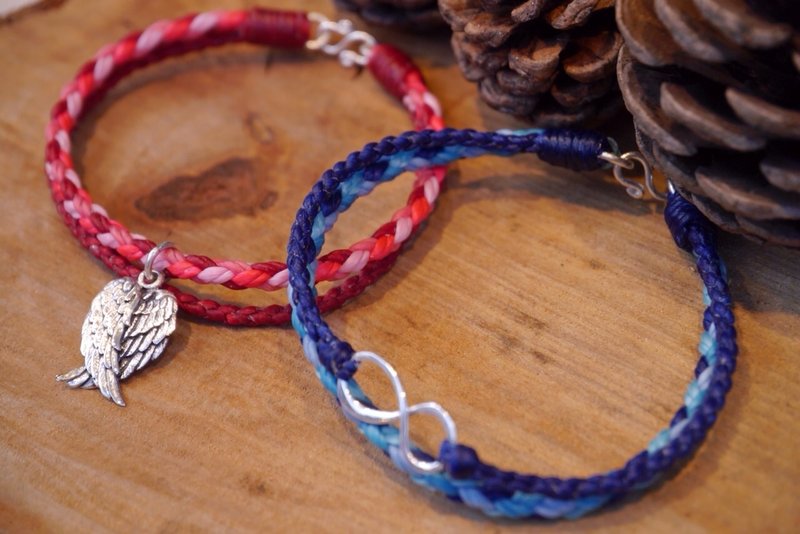 ANGLE ［蚕丝蜡线handmade］925纯银比翼真爱无限对链 - 手链/手环 - 其他金属 多色