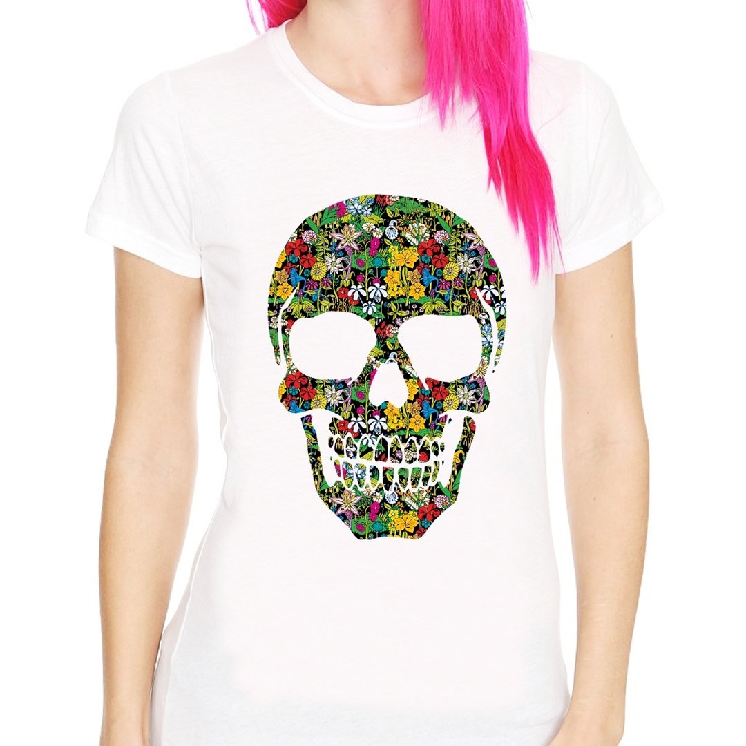 Floral Skull#2女生短袖T恤-白色 花 骷髅 设计 艺术  - 女装 T 恤 - 其他材质 白色