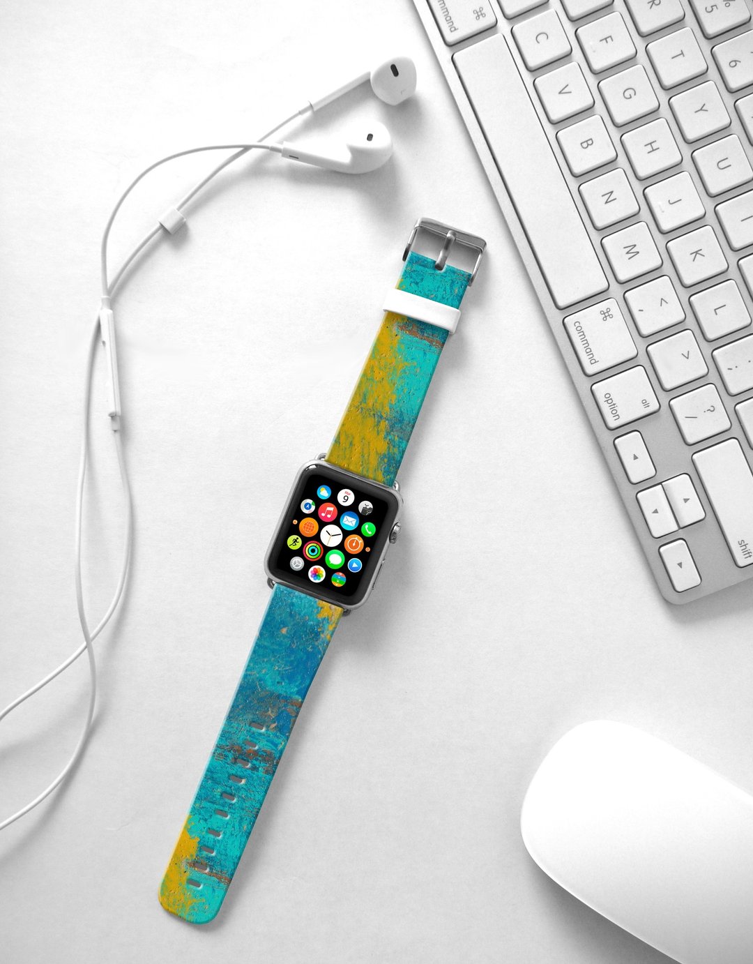 Apple Watch Series 1 , Series 2, Series 3 - Apple Watch 真皮手表带，适用于Apple Watch 及 Apple Watch Sport - Freshion 香港原创设计师品牌 - 天蓝油彩图纹 14 - 表带 - 真皮 
