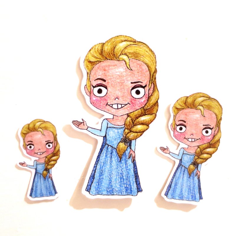 色铅笔手绘傻呼呼公仔娃娃防水贴纸--傻呼呼冰雪奇缘艾莎公主3入(编号26) - 贴纸 - 纸 蓝色