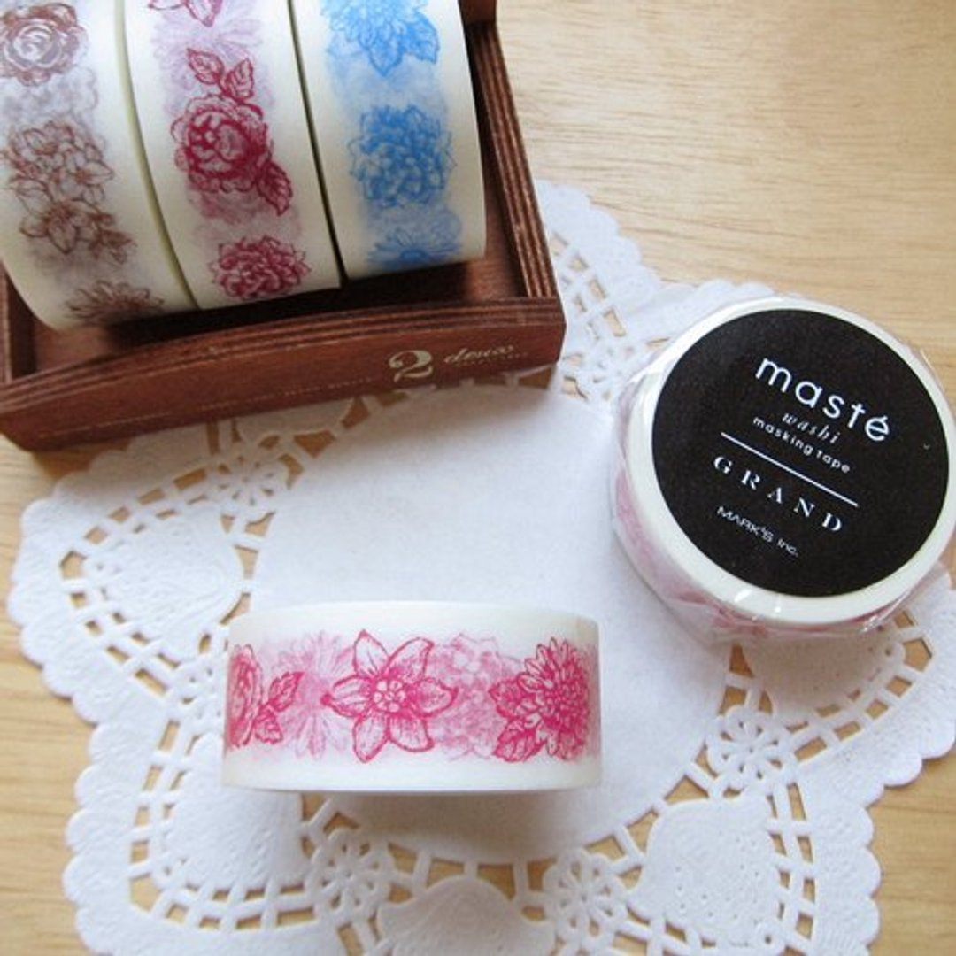 maste Masking Tape 和纸胶带【法式花卉-桃红 (MSG-MKT13-PK)】 - 纸胶带 - 纸 粉红色