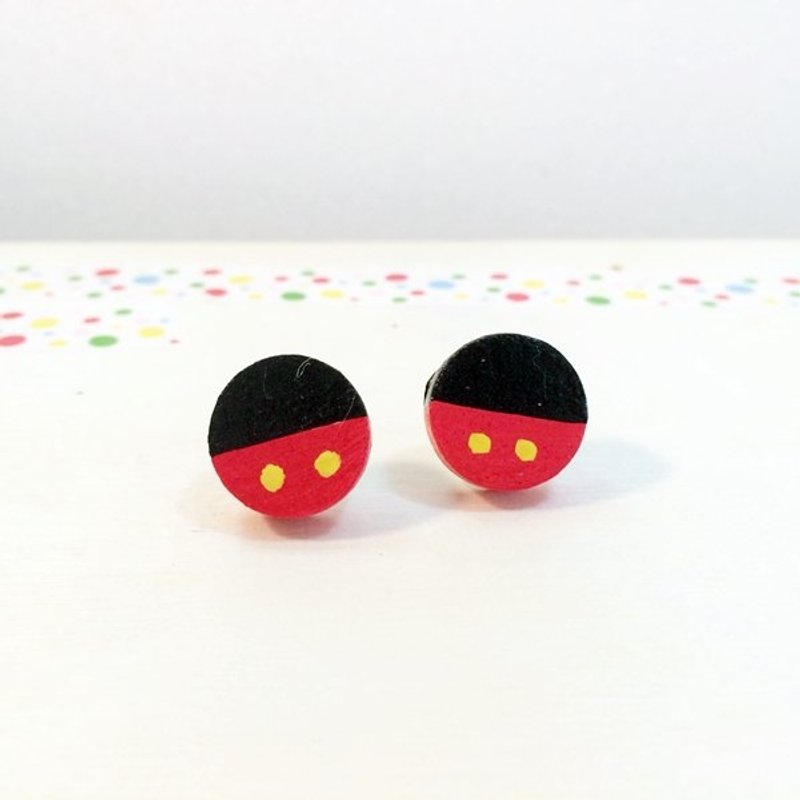 手绘木头耳针-米奇球(双配色) - 耳环/耳夹 - 木头 红色