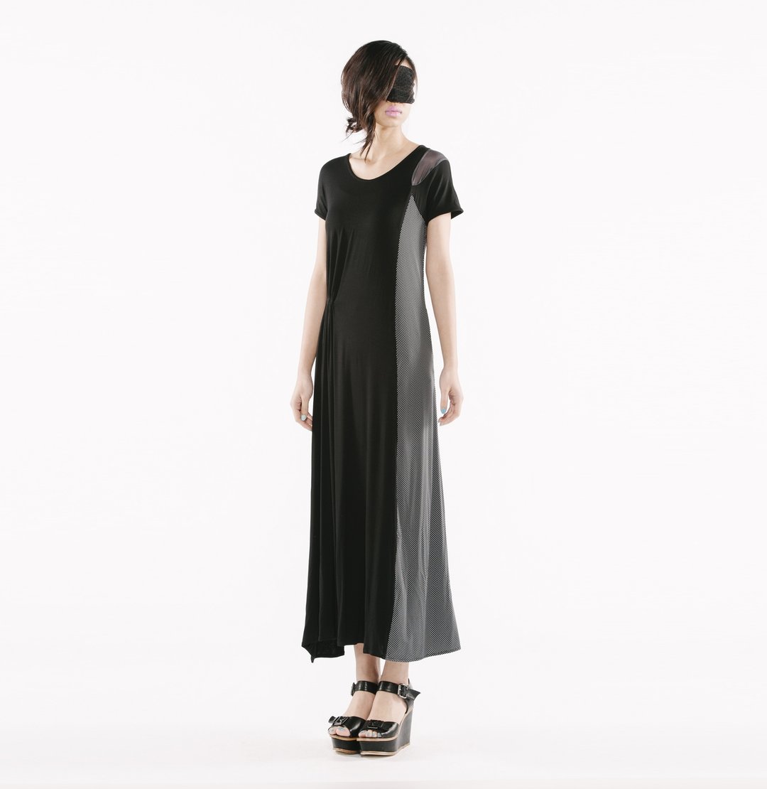 【Dress】不对称抽折长洋 < 黑+点/ 灰条+银点 x2色> - 洋装/连衣裙 - 其他材质 黑色