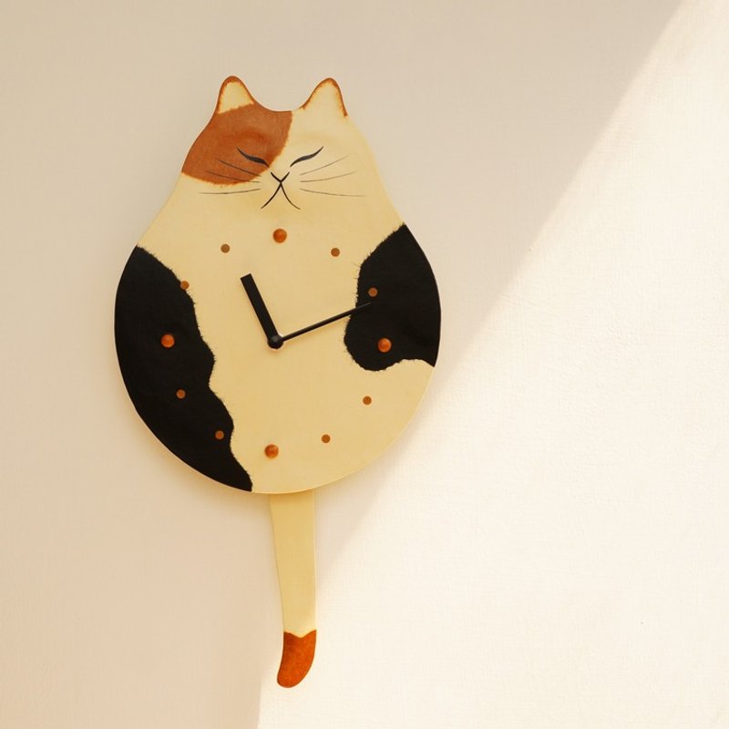 【免运】和纸猫咪尾巴摇摆时钟/挂钟-三花 日本纯手工 超静音 卧室/办公 必备 - 时钟/闹钟 - 纸 橘色