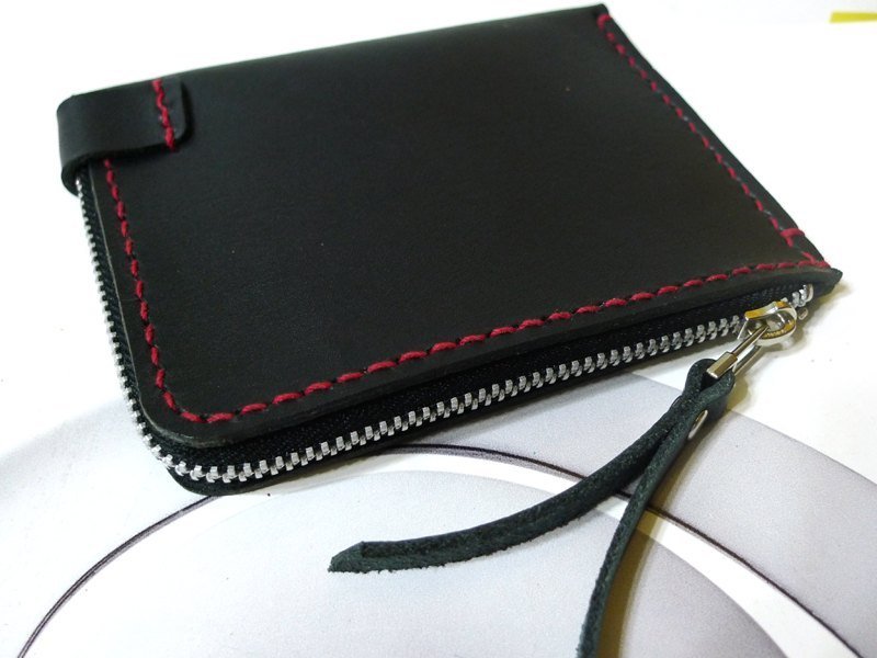意大利牛革-便利钞票零钱包-骑士黑(红线) - 皮夹/钱包 - 真皮 黑色
