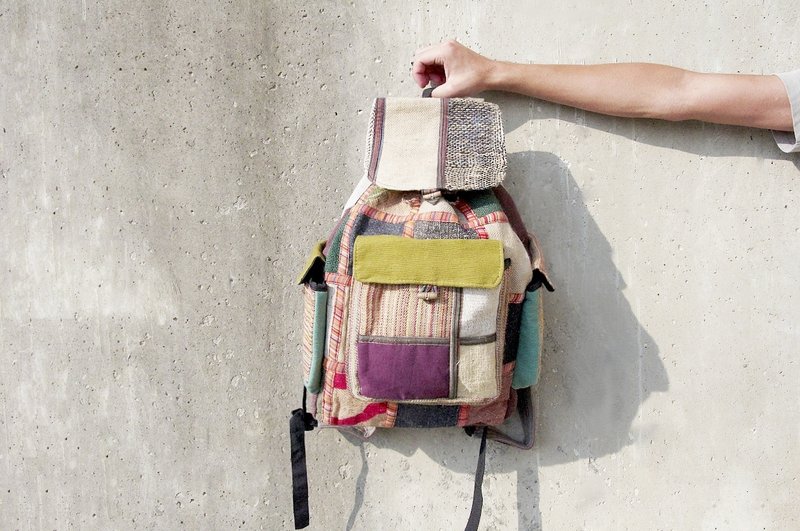 手感拼接设计后背包-棉麻咖啡色(仅存一件) - 后背包/双肩包 - 棉．麻 多色