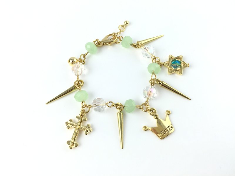 “浅绿透明水晶 x 金色细链卯钉” - 手链/手环 - 其他材质 绿色