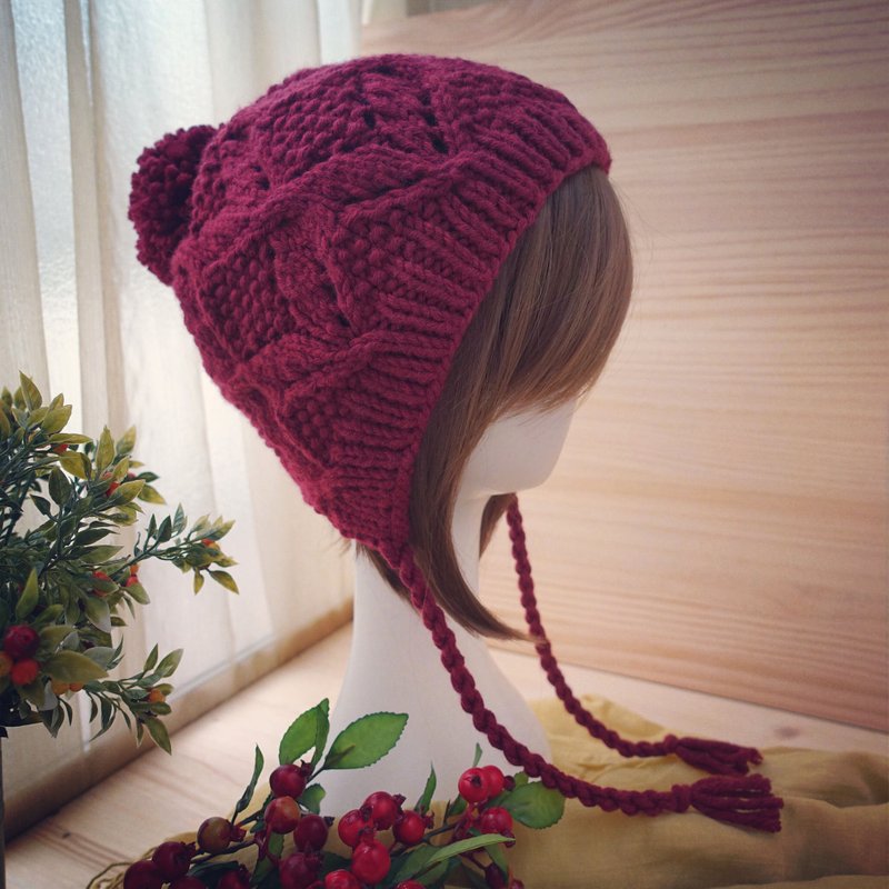 手工编织遮耳毛帽/成人尺寸 - 帽子 - 其他材质 红色