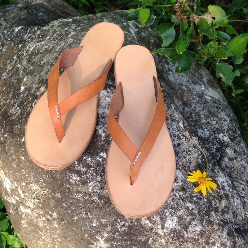 自然棕＞希腊风皮革人字夹脚拖 手工制 flip-flops - 男女凉鞋 - 真皮 咖啡色