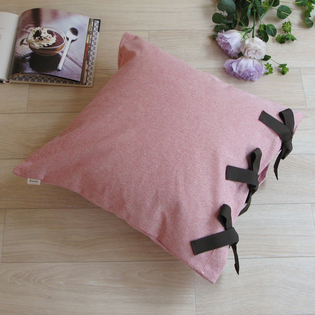 [Cover only] canvas plain cushion cover ribbon SQ - 枕头/抱枕 - 棉 粉红色