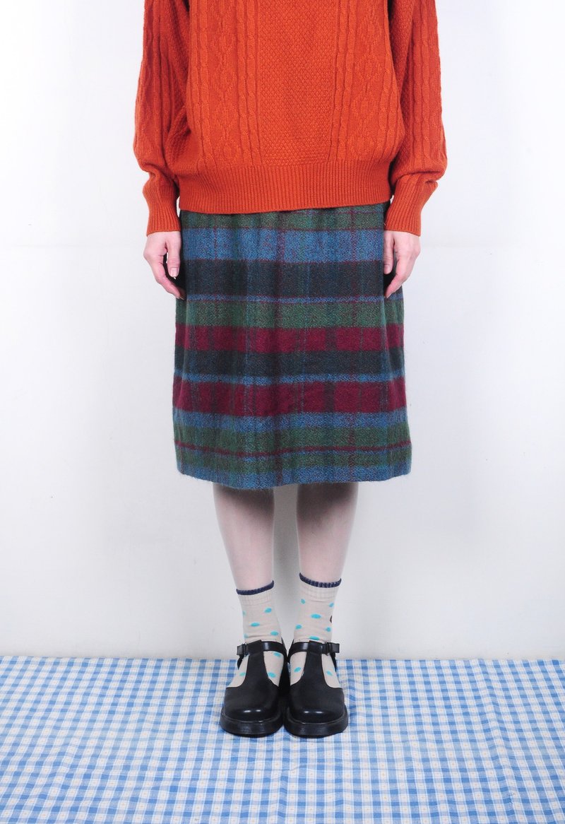 【蛋植物古着】格子色票对对碰毛料裙 - 裙子 - 其他材质 绿色