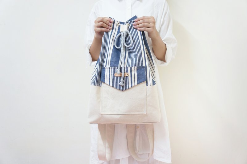 宽背带旅行束口包 | 蓝色线写字本 - 束口袋双肩包 - 其他材质 蓝色