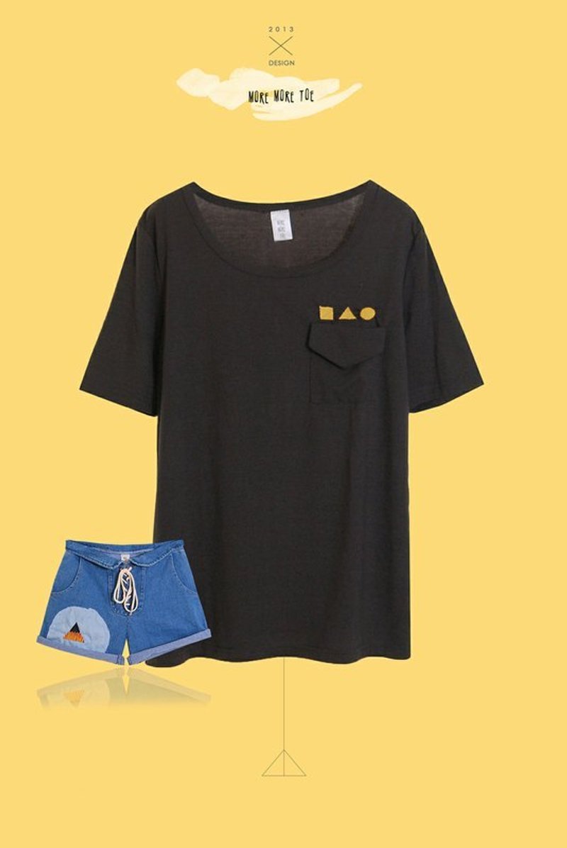 │M0030│限量手作・黄色三原形●▲■／袖子长长简单踢 - 女装 T 恤 - 棉．麻 灰色