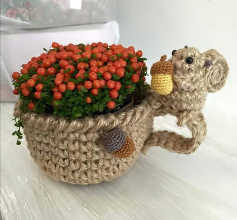 麻绳勾织松鼠连杯形小花盆/杂物兜 - 摆饰 - 棉．麻 咖啡色