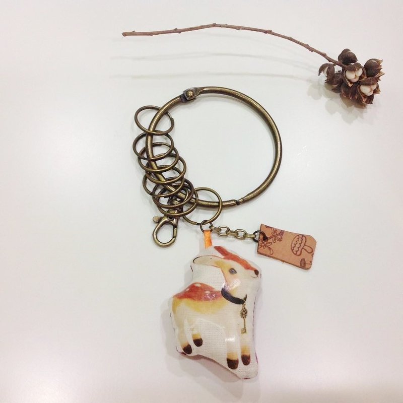 【小鹿守门人】 钥匙圈+定制姓名小皮革 - 钥匙链/钥匙包 - 棉．麻 咖啡色