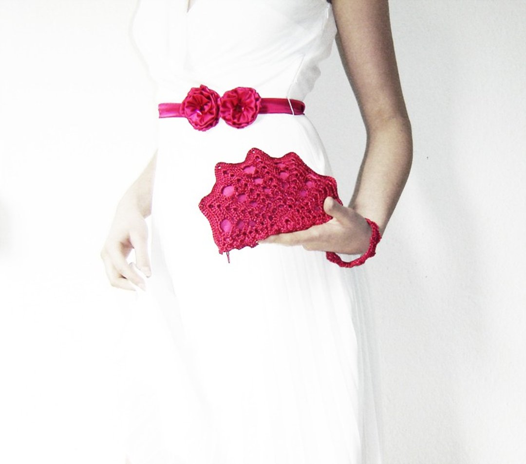 Fuchsia Pink Clutch Bag - Unique Handmade Crochet Purse for Wedding, Formal Events, Gift for Her - Pink Bridal Lace Purse - 手拿包 - 其他材质 粉红色