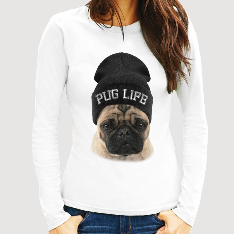 PUG LIFE 长袖T恤-白色 巴哥 哈巴狗 狗 犬 动物 文青 艺术 设计 时髦 文字 时尚 - 女装 T 恤 - 其他材质 白色