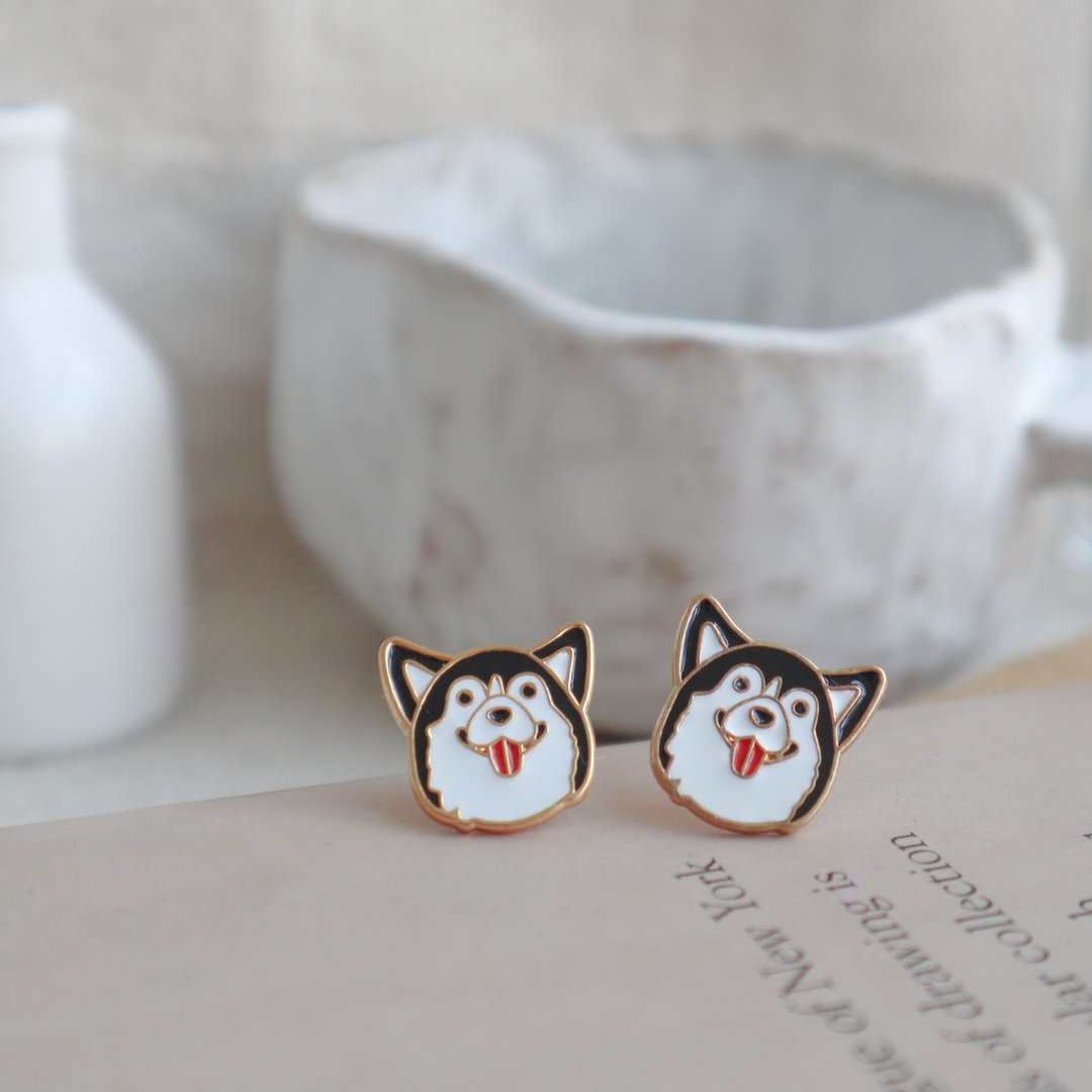 士奇 Huskies 脚掌 Dog Paw 夹式耳环 生日礼物 宠物饰品 狗狗 - 耳环/耳夹 - 珐琅 黑色