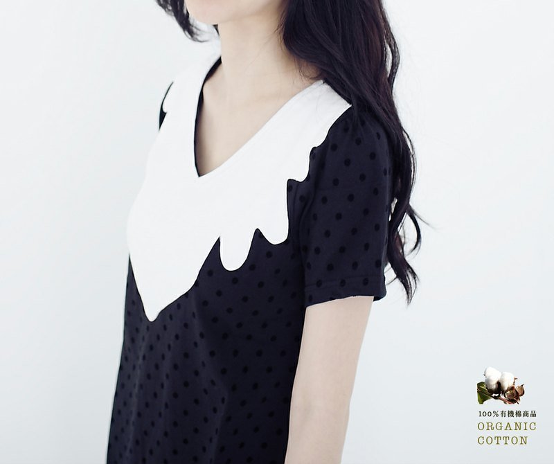 乳牛拼接有机棉绒毛点点长版上衣 - 其他 - 棉．麻 白色