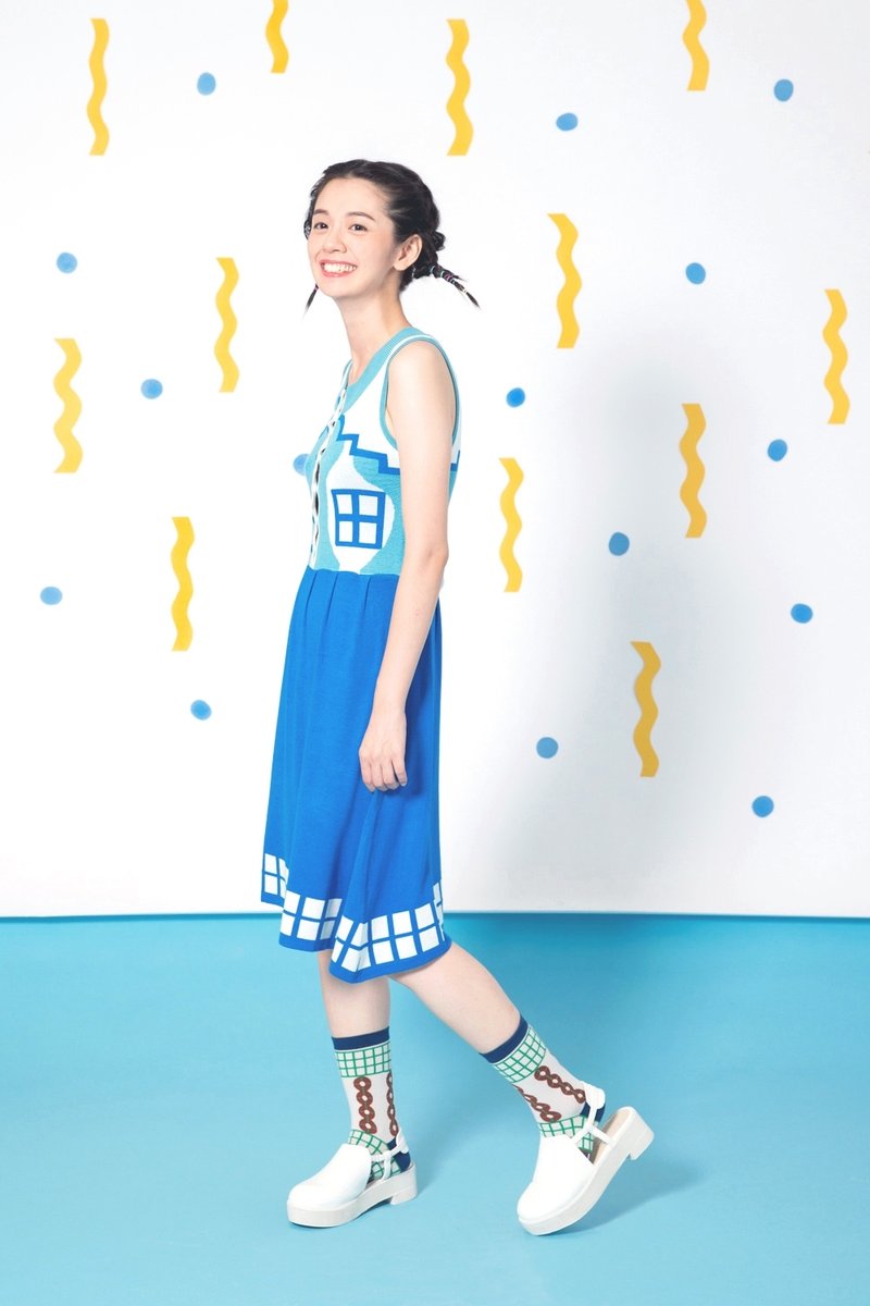 天蓝度假小屋排扣无袖洋装 - 洋装/连衣裙 - 棉．麻 蓝色