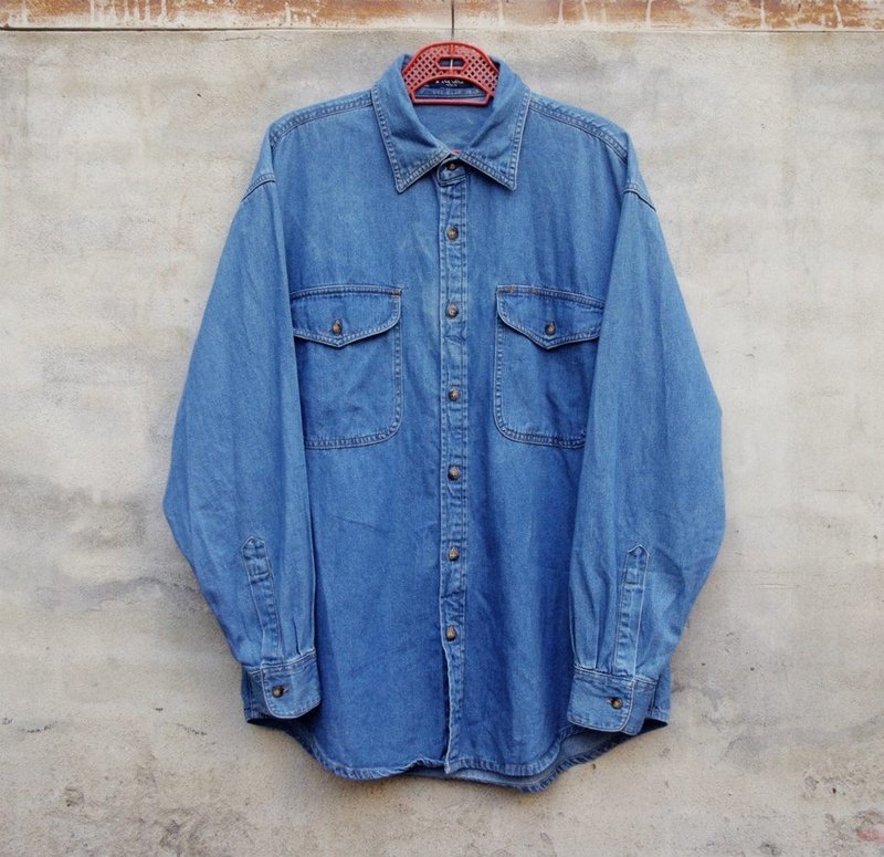 双盖口袋牛仔衬衫  -脱臼古着- - 女装衬衫 - 其他材质 蓝色