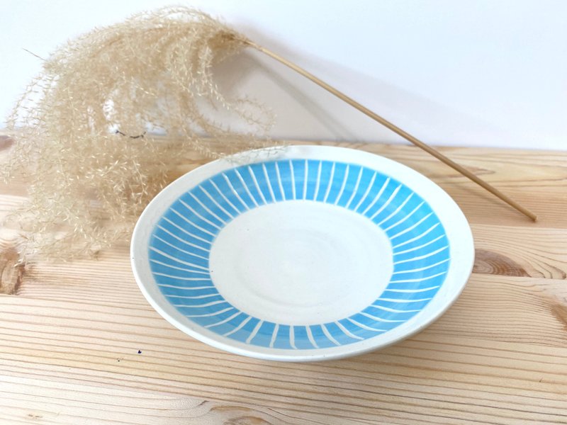一条条线- 手工陶盘(水蓝) - 盘子/餐盘/盘架 - 陶 蓝色