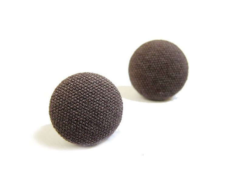 布扣耳环 咖啡色帆布 可做夹式耳环 - 耳环/耳夹 - 其他材质 