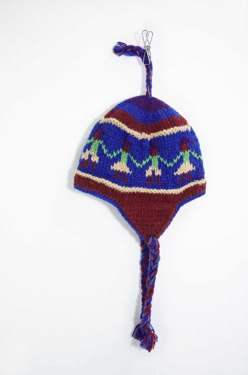 东欧风手工编织纯羊毛帽 / 毛线帽  / 针织毛帽 - 手牵手图腾(仅一件) - 帽子 - 其他材质 蓝色