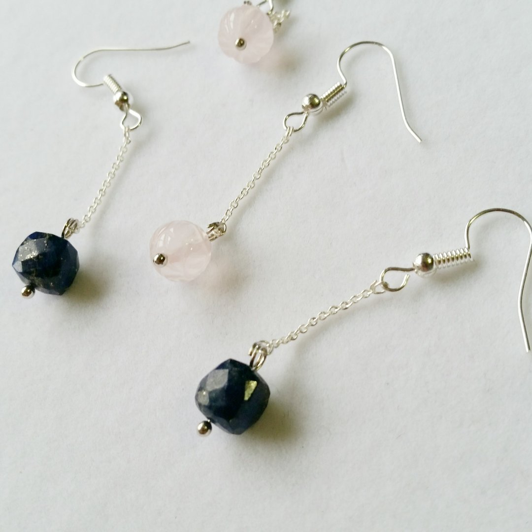 silver-plated long earring方型切面青金石/雕花粉晶石 镀银材质长耳环 - 耳环/耳夹 - 宝石 多色